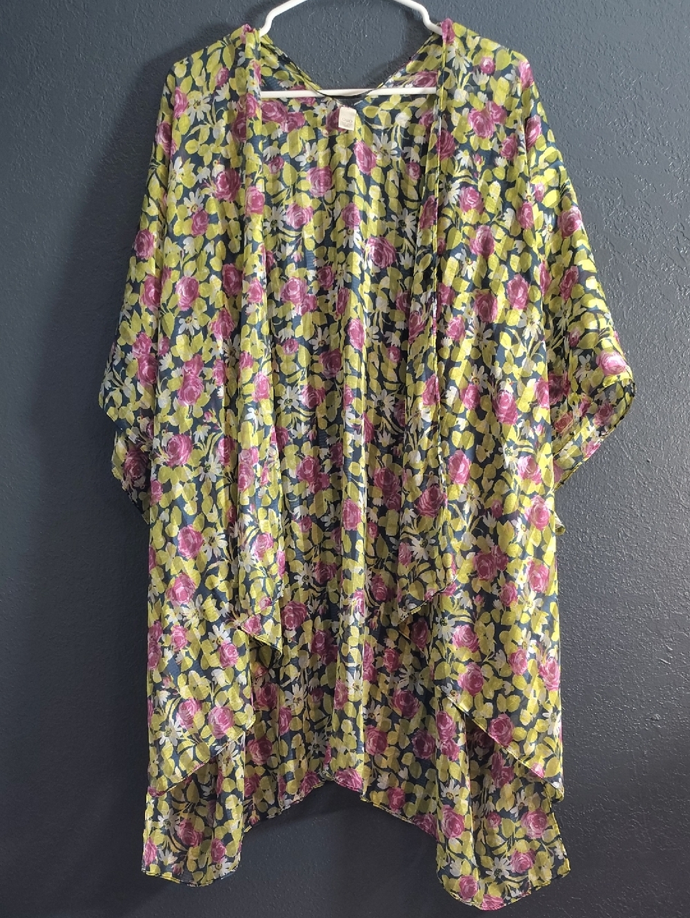 Cato Shabby Chic Green Floral Kaftan Swim Coverup with Pink Rose Print